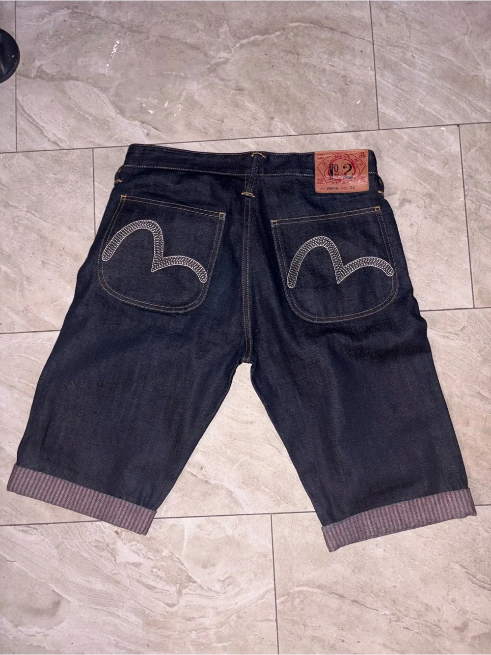 Evisu Dark Indigo Denim Shorts with Signature Back Pocket Stitch
